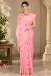 Pink Saree with Golden Zari Border and Red and Green Butis