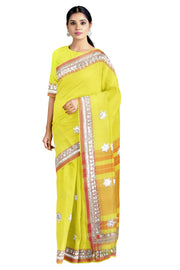 Lemon Yellow Hand Embroidered Zardozi Saree with Orange Border