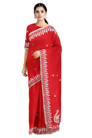 Red Hand Embroidered Saree