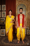 Yellow Hand Embroidered Zardozi Couple Set with Red Dupatta