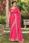 Magenta Hand Embroidered Zardozi Saree with Yellow Border