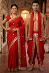 Red Hand Embroidered Zardozi Couple Set with Yellow Border
