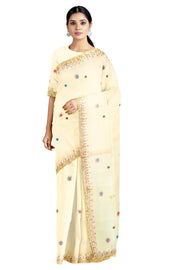 Lemon Chiffon Hand Embroidered Zardozi Saree with Multi Colour Butis