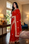 Cornell Red Hand Embroidered Zardozi Saree