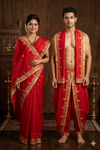 Red Hand Embroidered Zardozi Couple Set with Yellow Border