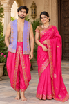 Magenta Hand Embroidered Zardozi Couple Set with Purple Dupatta