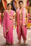 Pink Hand Embroidered Zardozi Couple Set with Yellow Border
