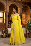 Lemon Yellow Hand Embroidered Zardozi Saree