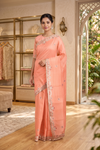 Peach Hand Embroidered Zardozi Saree
