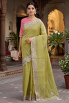 Green Self Line Hand Embroidered Zardozi Saree