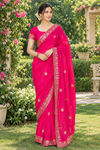 Cerise Red Hand Embroidered Zardozi Saree