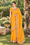 Turmeric Yellow Hand Embroidered Zardozi Saree with Red Border