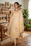 Beige Jamdani Dupatta with Multi Colour Motifs, Golden Zari Linings and Border