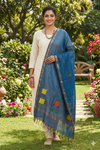 Blue Jamdani Dupatta with Multi Colour Motifs, Golden Zari Linings and Border