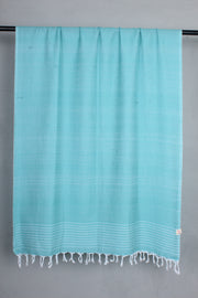 Handwoven Cotton Azure Blue Stole with White Striped