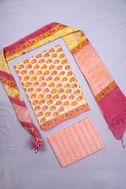 Yellow, Magenta and Orange Hand Printed Three Piece Suit Set