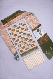 Beige, Green and Brown Hand Printed Three Piece Suit Set
