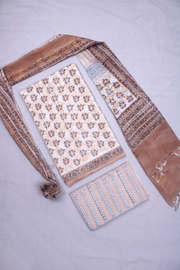Beige, Brown and Grey Hand Printed Three Piece Suit Set