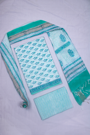Cyan, Green and Blue Hand Printed Three Piece Suit Set