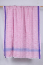 Space Dyed Carnation Pink Selfline Gamchha with Violet Border and Blue Stripes