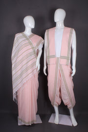 Peach Aahar Joda with White Stripes and Green Border