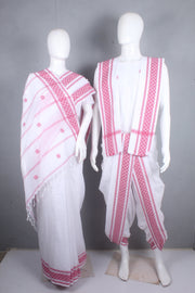 White Dobby Aahar Joda with Magenta Pink Border and Butis   REDDDDB220034 WOSADCB210118