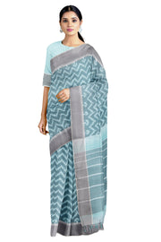 Air Force Blue Ikat Saree with Grey and White Border