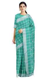 Teal Blue Dobby Saree with White Border, Windowpane Check and Butis