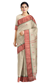 Beige Dobby Saree with Golden Zari, Green and Red Border and Butis