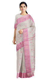 Pearl White Dobby Saree with Golden Zari and Taffy Pink Border and Butis