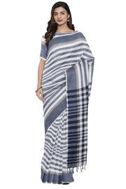Blue and White Breton Striped Saree with Grey, Blue and White Border