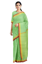 Pear Green and Yellow Candy Striped Saree with Yellow, Orange and Red Border