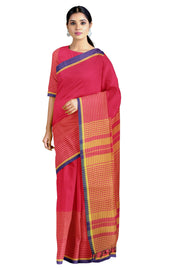 Magenta Saree with Yellow Bengal Stripes and Blue Border