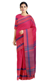 Magenta Saree with Blue and Yellow Banker Striped Border