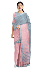 Sky Blue, Crepe Pink and White Graph Check Saree with Blue and White Milli Striped Border