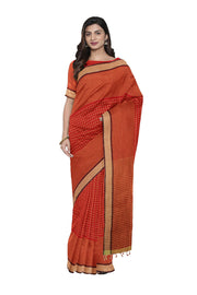 Cherry Red and Yellow Check Striped Saree with Beige and Black Border