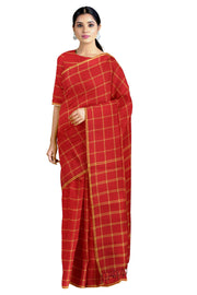Crimson Red and Yellow Double Line Windowpane Check Saree with Yellow Border