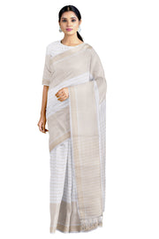 White and Beige Check Striped Saree with Beige and White Border