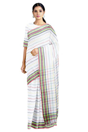 White and Multi Colour Candy Striped Saree with Multi Colour Border