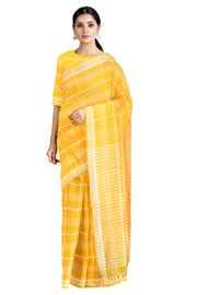 Saffron Yellow and White Barcode Striped Saree with White and Yellow Border