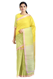 Bumblebee Yellow, Green and White Graph Check Saree with Pink and White Mille Striped Border