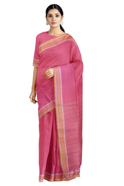 Rouge Pink Saree with White, Pink and Yellow Mille Striped Border