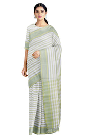 Fern Green, Yellow and White Regimental Striped Saree with Green and Yellow Border