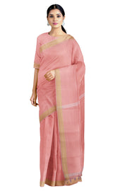 Rose Pink Shadow Striped Mini Check Saree with Sandcastle Border