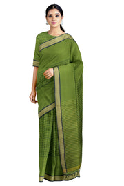 Pickle Green and Yellow Check Striped Saree with Olive Green and Navy Blue Border