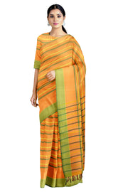 Fire Orange Saree with Green and Yellow Stripes and Border