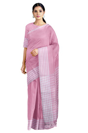 Pearl Pink Saree with White Stripes and Border