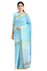 Pastel Blue Saree with White, Yellow and Magenta Border