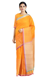 Saffron Orange and White Bengal Striped Saree with Magenta and Green Border