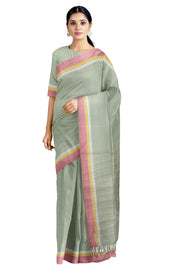 Sage Green Saree with White, Yellow and Pastel Red Border
